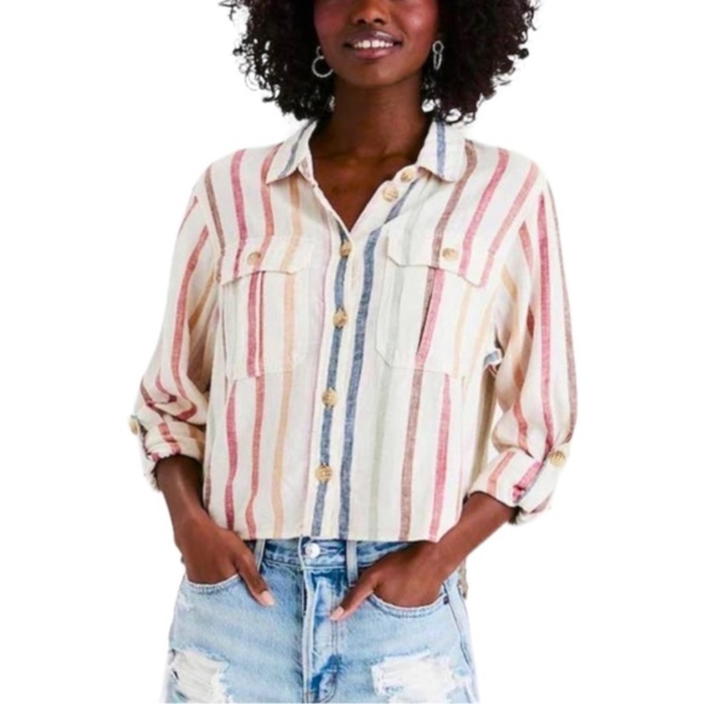 American Eagle Linen Blend Multicolor Vertical Striped Button Down Blouse S